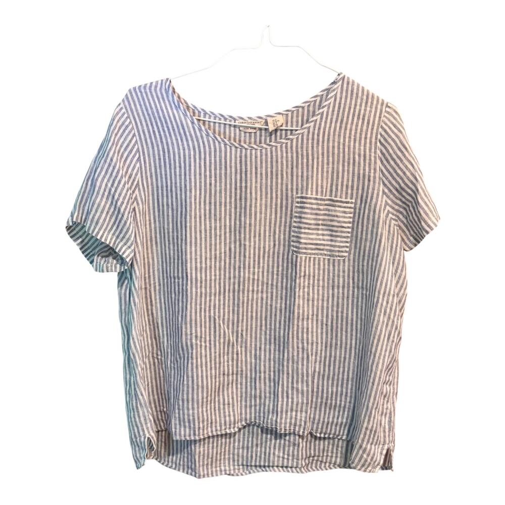 Christian Siriano 100% Linen Blue Short Sleeve Patch Pocket Striped Blouse Sz XL - Picture 3 of 9
